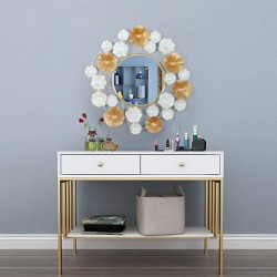 Decorative Metal Wall Mirror White and Gold Flower Accent Frame