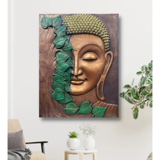 3D Buddha with green leaves (Size 3*4feet ) Mural Wall Art | Ready to hang