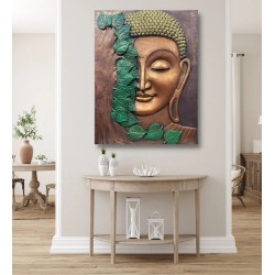 3D Buddha with green leaves (Size 3*4feet ) Mural Wall Art | Ready to hang