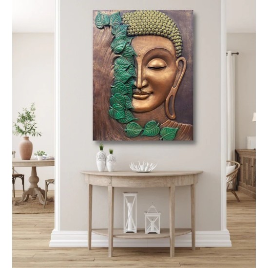 3D Buddha with green leaves (Size 3*4feet ) Mural Wall Art | Ready to hang