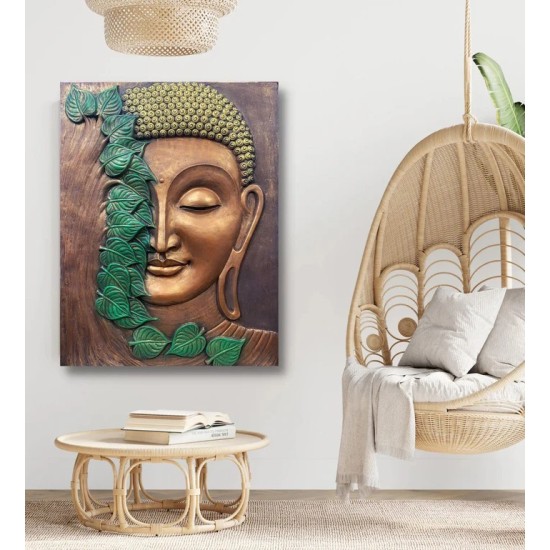 3D Buddha with green leaves (Size 3*4feet ) Mural Wall Art | Ready to hang